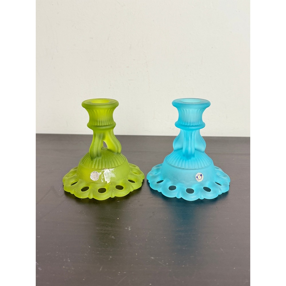 Vintage Westmoreland Satin Glass Candlestick Holders Lime Green Blue Set of 2